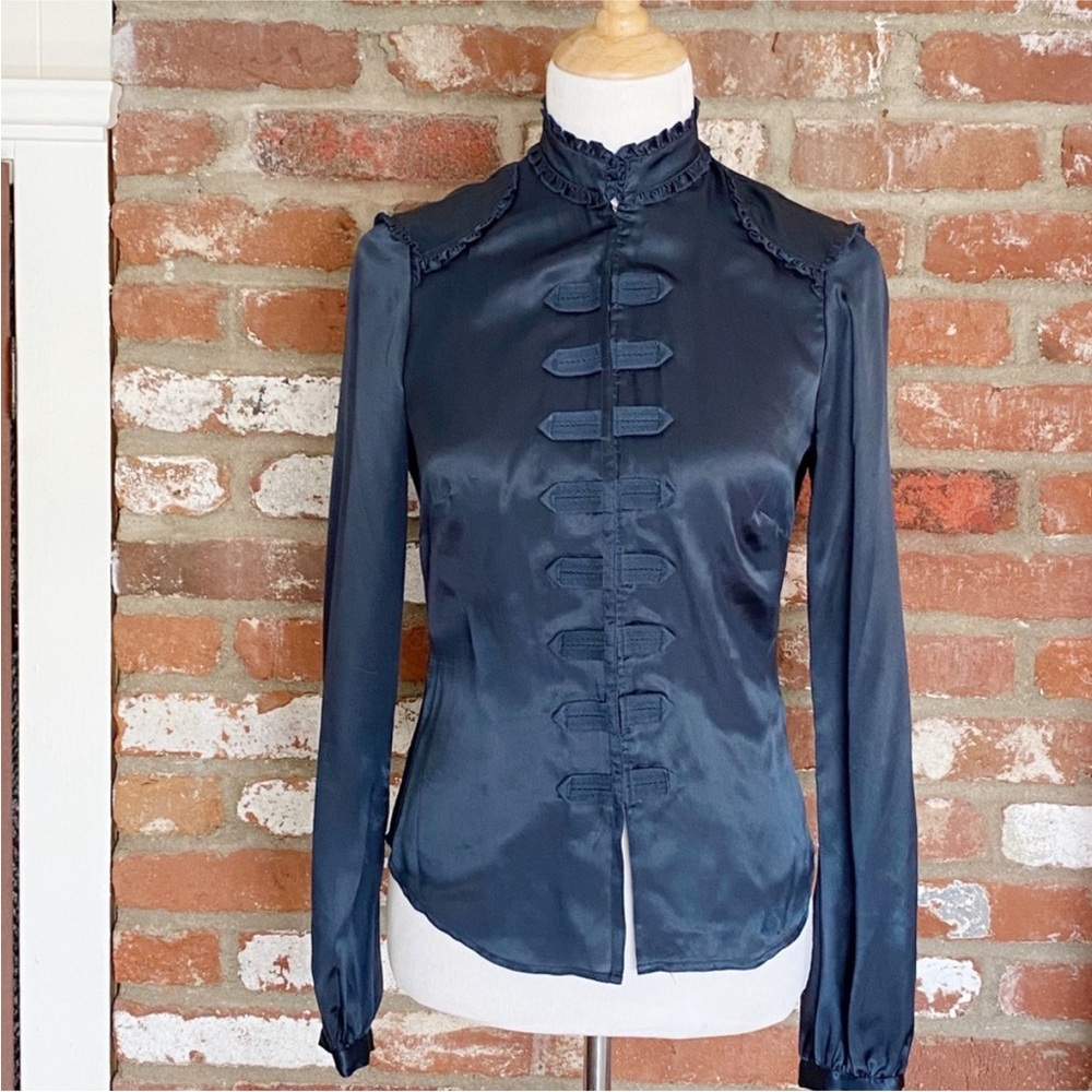 BCBG Navy Blue Silk Ruffle Blouse Small